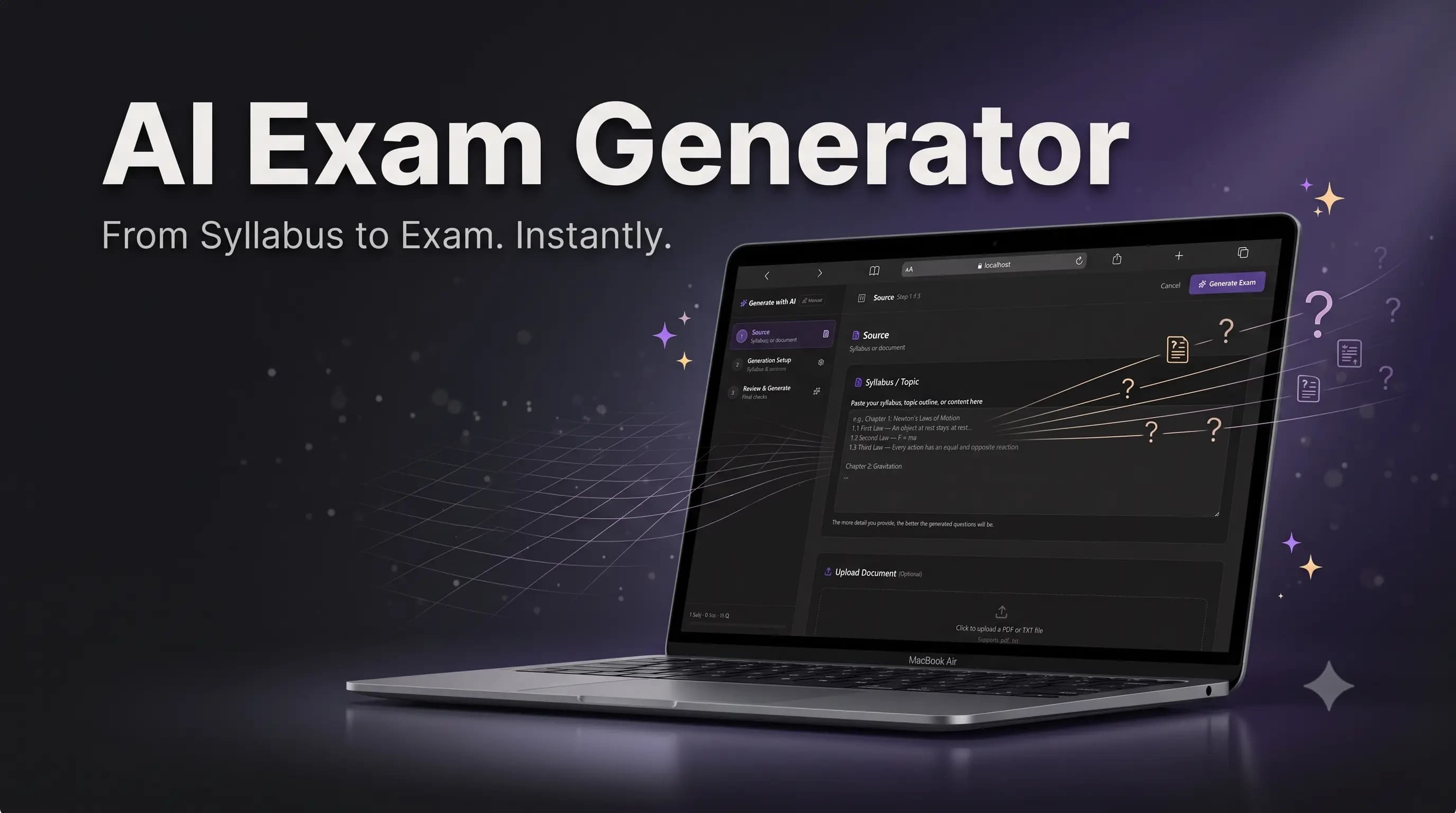 AI exam generator creating a full exam from a topic in seconds