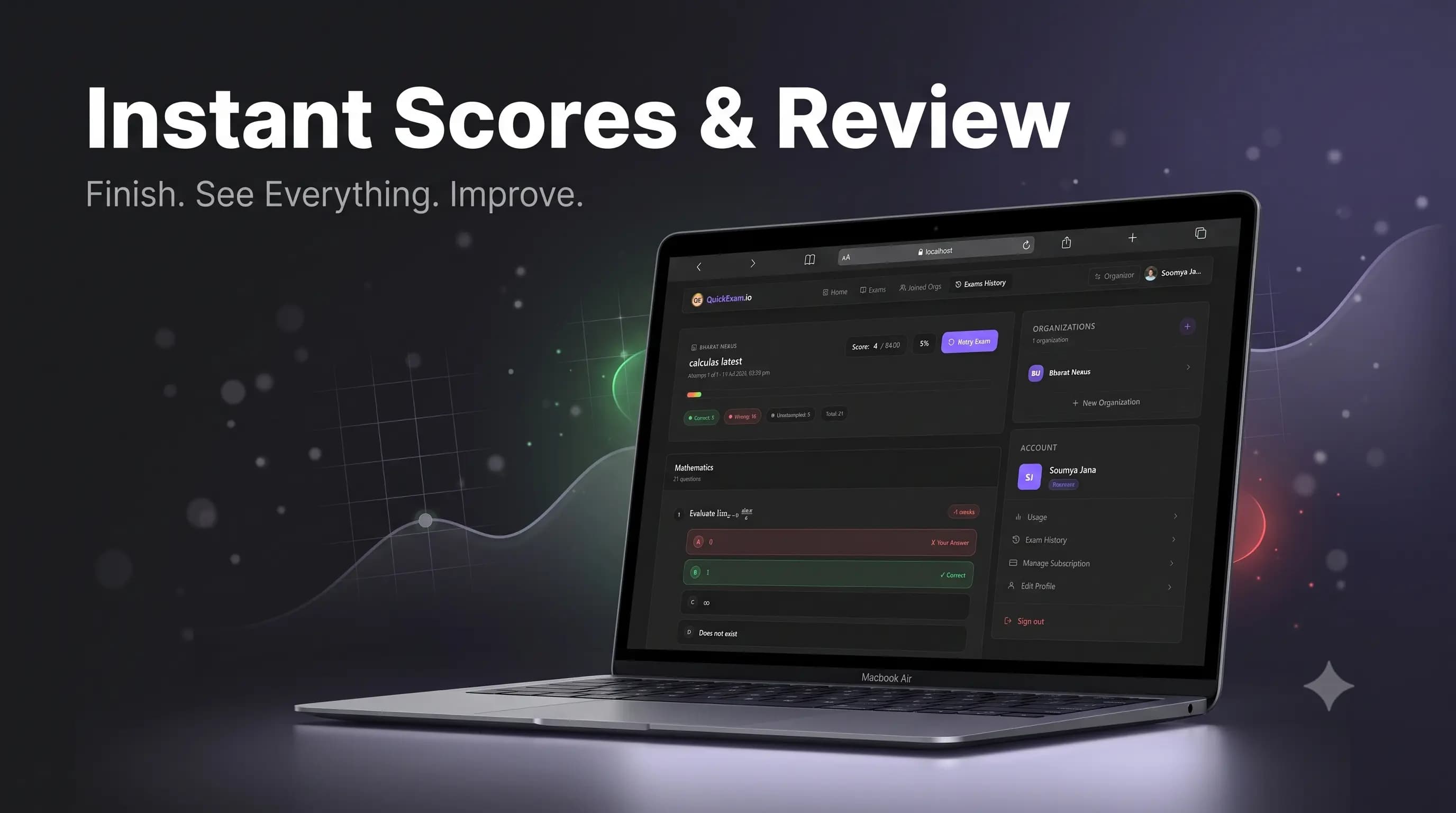 Instant score summary with a detailed answer-by-answer review after an attempt
